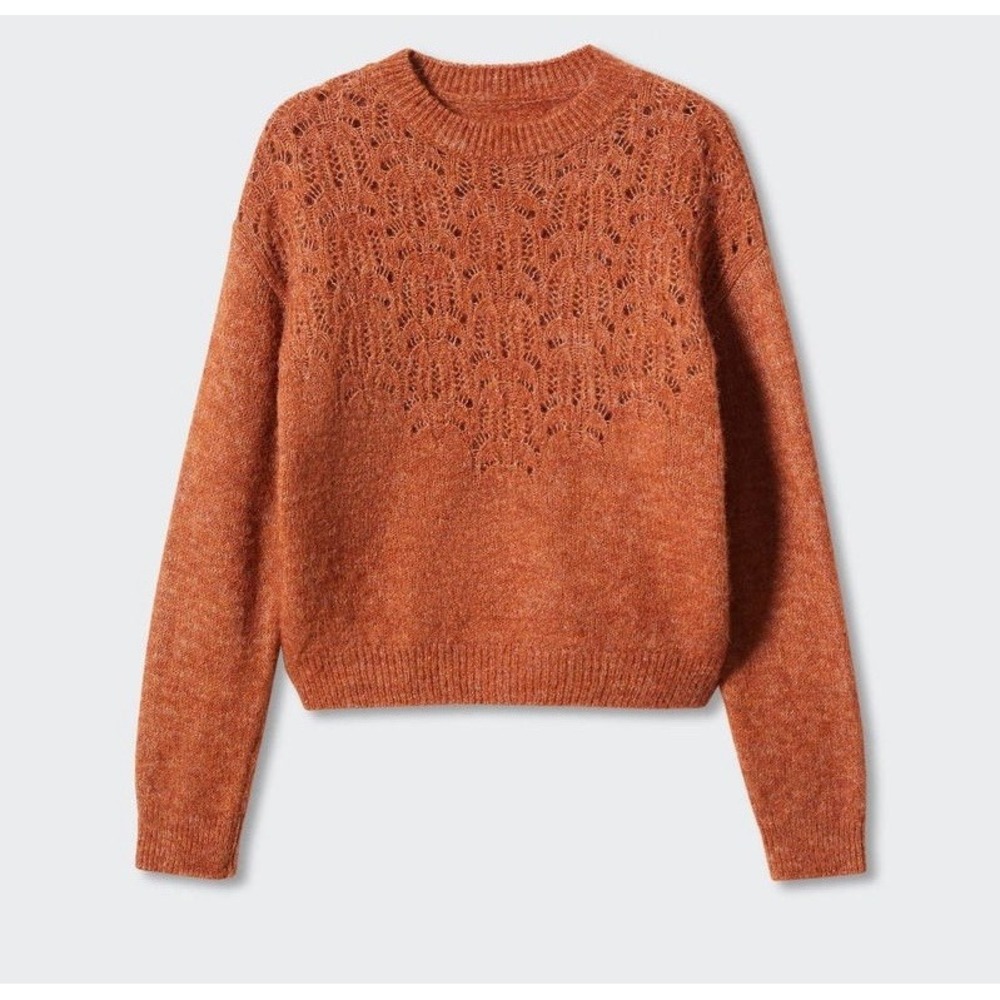 NWT MNG Mango Open Work-Detail Sweater Women's Sz M Rust Cottagecore Boho Fall